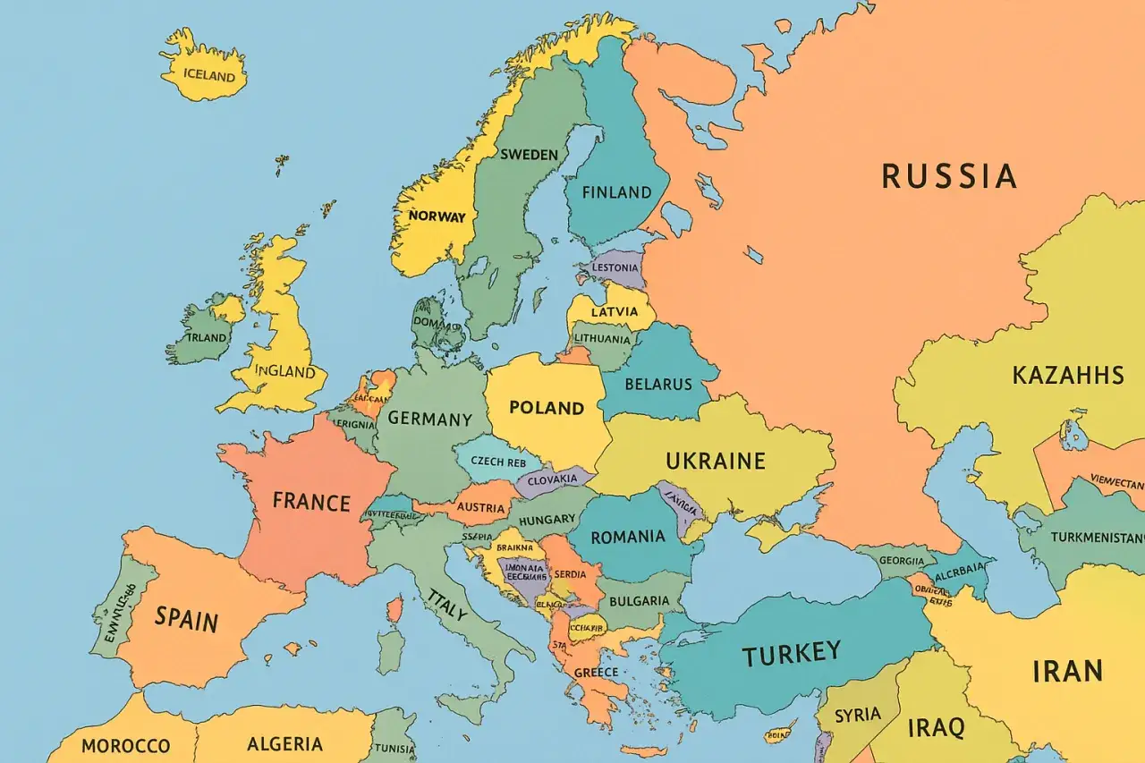 Mapa Europy z zaznaczoną Polską, między Niemcami a Białorusią.