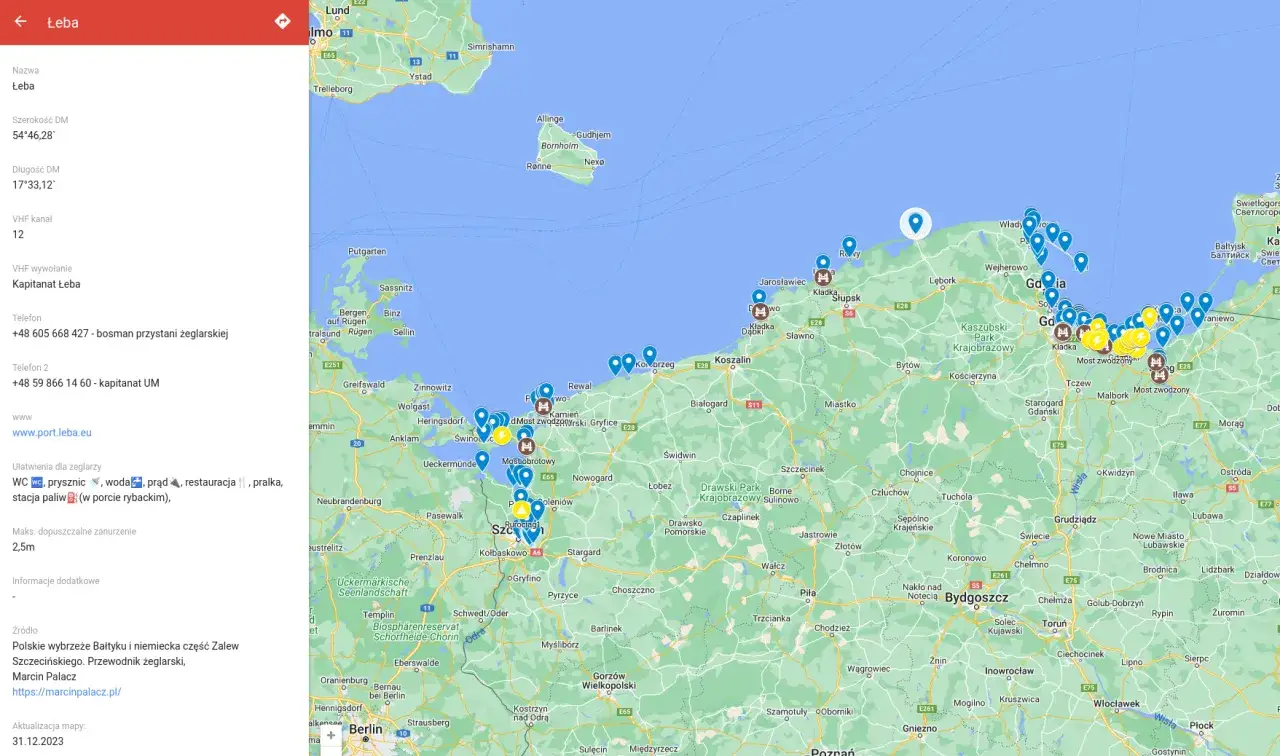Mapa polskiego wybrzeża z zaznaczonymi atrakcjami turystycznymi