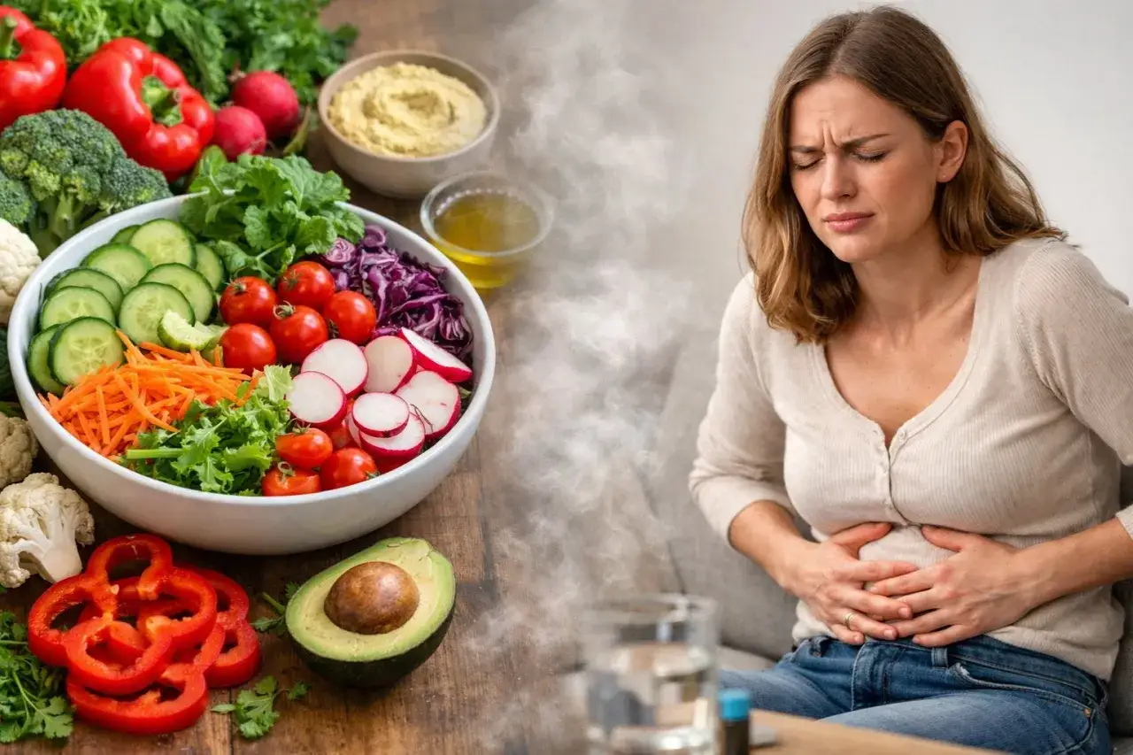 Une femme souffre de maux d'estomac apr&egrave;s avoir mang&eacute; une salade verte.