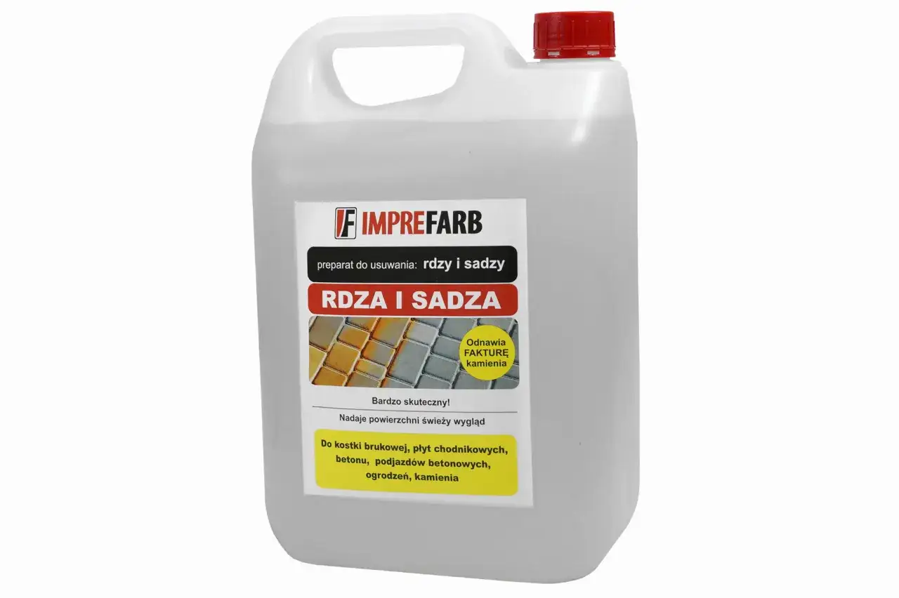 Preparat Imprefarb RDZA I SADZA do usuwania rdzy z kostki brukowej i kamienia. Odnawia fakturę, nadaje świeży wygląd.
