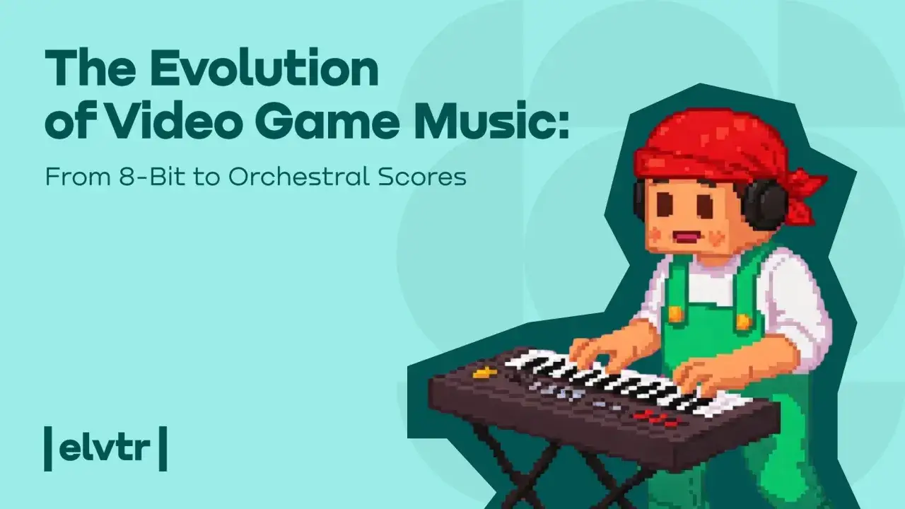 Pixelowa postać gra na keyboardzie, ilustrując ewolucję muzyki z gier.
