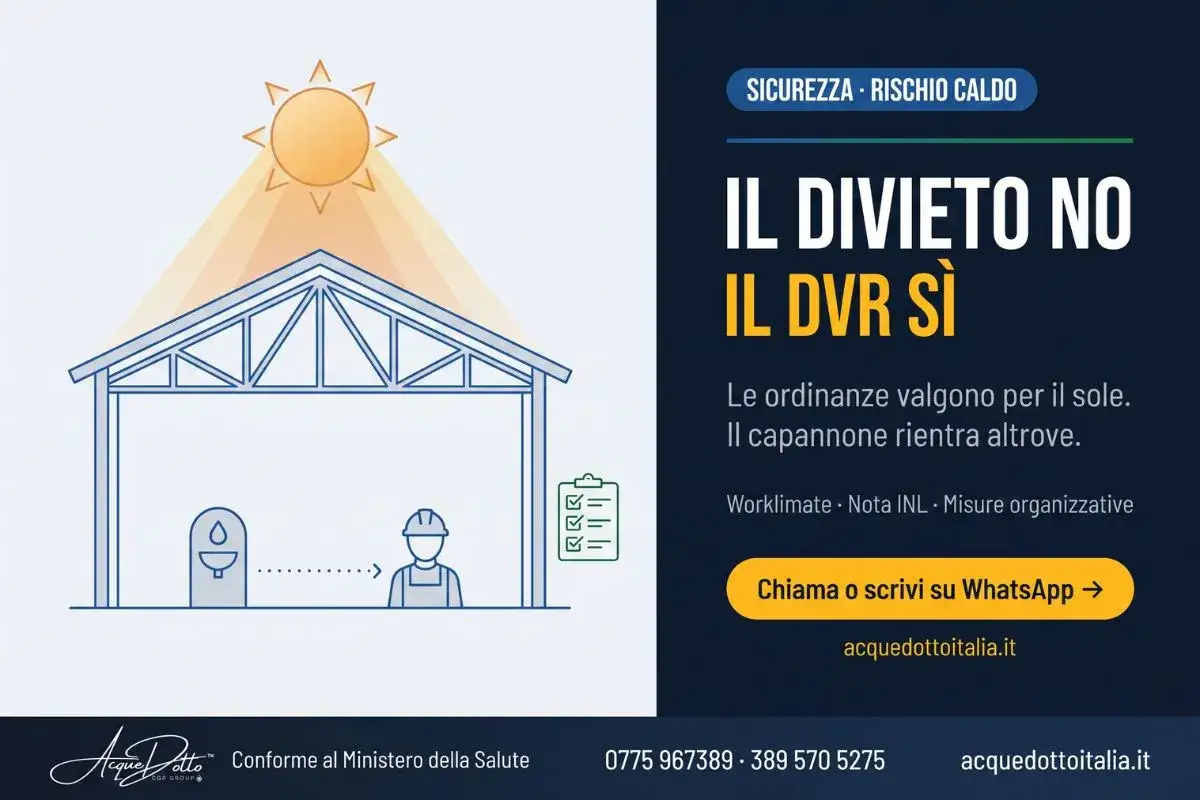 Il sole batte su un capannone, evidenziando il rischio caldo. Un lavoratore si avvicina a un distributore d'acqua, mostrando l'importanza di un buon microclima ambiente di lavoro.