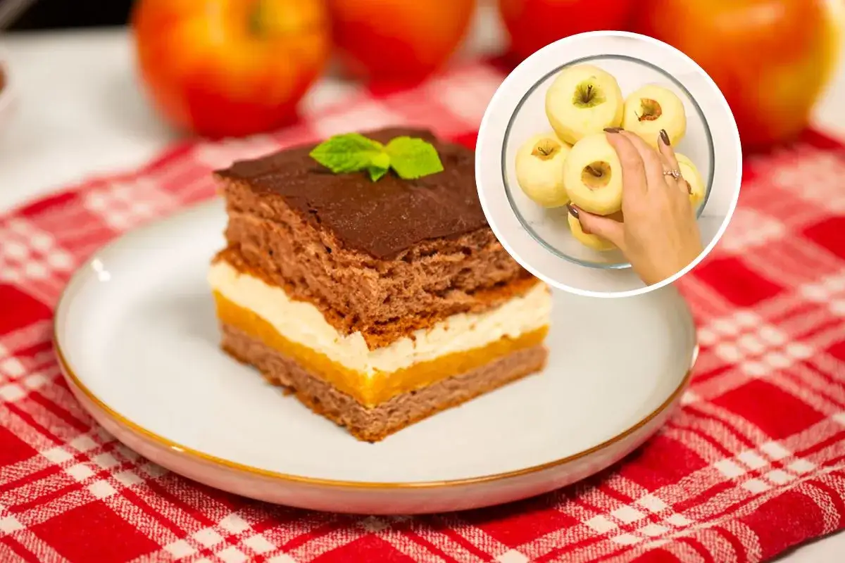 Pyszne ciasto Kilimandżaro z kremem i czekoladą, obok jabłka w misce.
