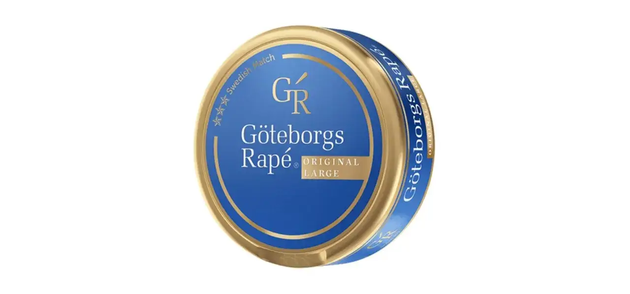 En dosa G&ouml;teborgs Rap&eacute; Original Large, ett klassiskt snus som m&aring;nga anser vara det dyraste snuset i Sverige.