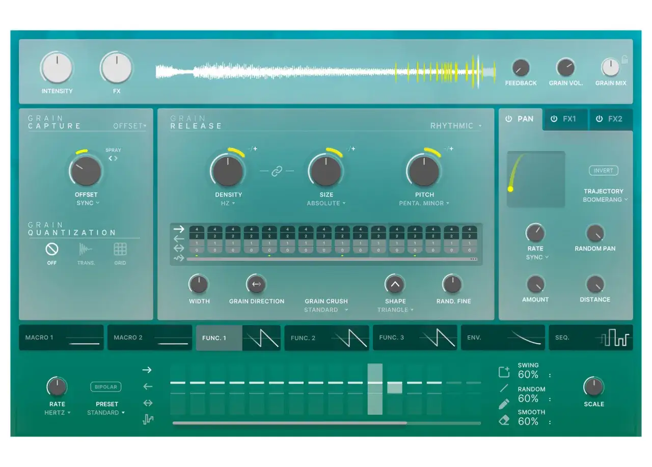 Ein Audio-Plugin mit vielen Reglern und Wellenformen, das für die Erzeugung von EFX-Fragmenten konzipiert ist.