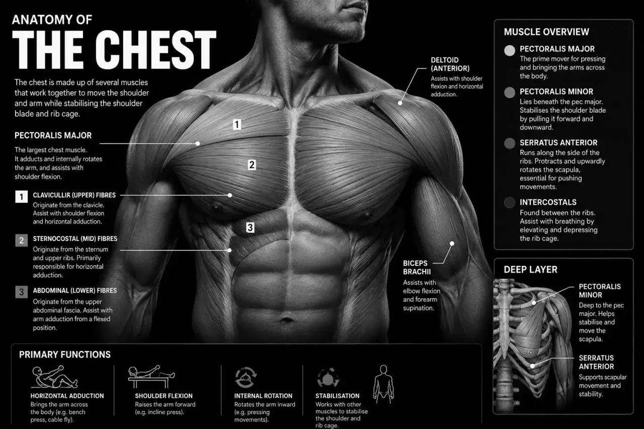 Anatomia del torace umano, con enfasi sui muscoli pettorali, dettagliando le loro funzioni e origini.