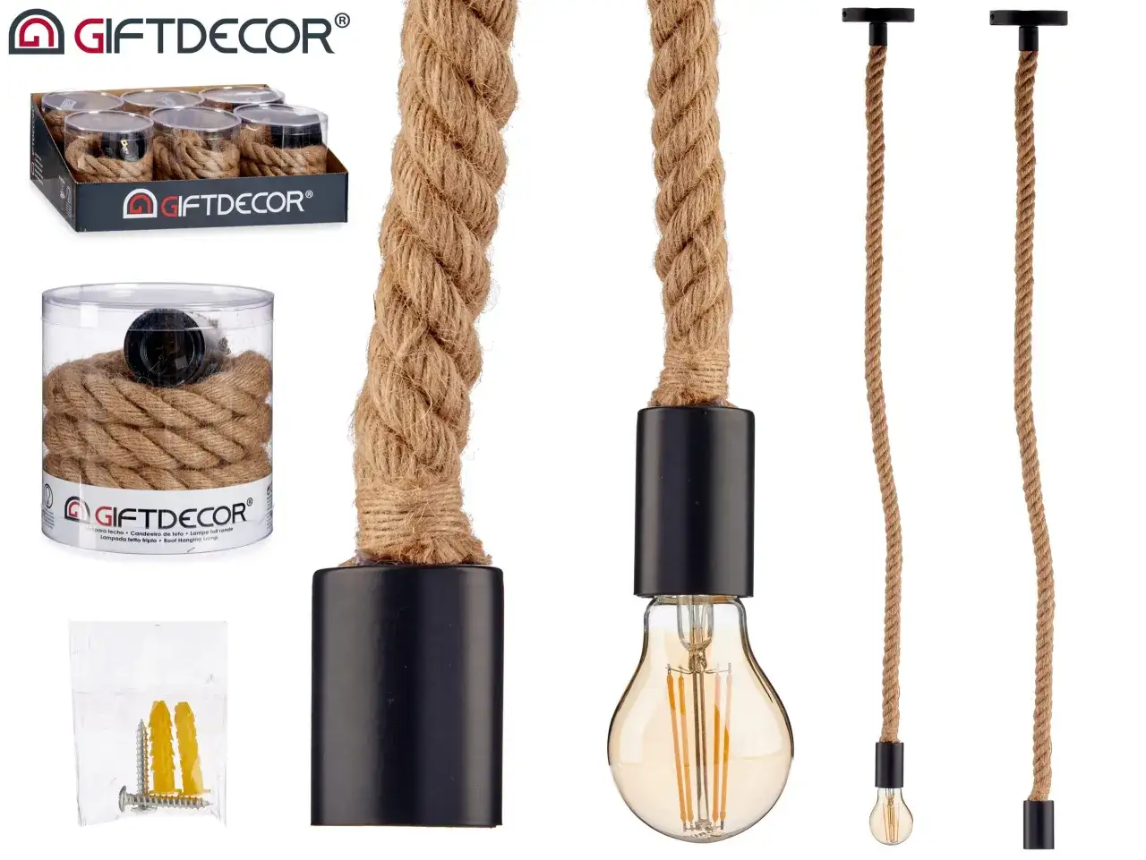 Lámparas de cuerda rústicas con bombillas Edison y accesorios de montaje. Un set de seis lámparas de cuerda en su caja.
