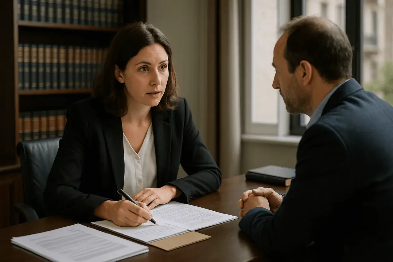 Avocate examinant un contrat, pointant une clause abusive avec son stylo. Un homme écoute attentivement.