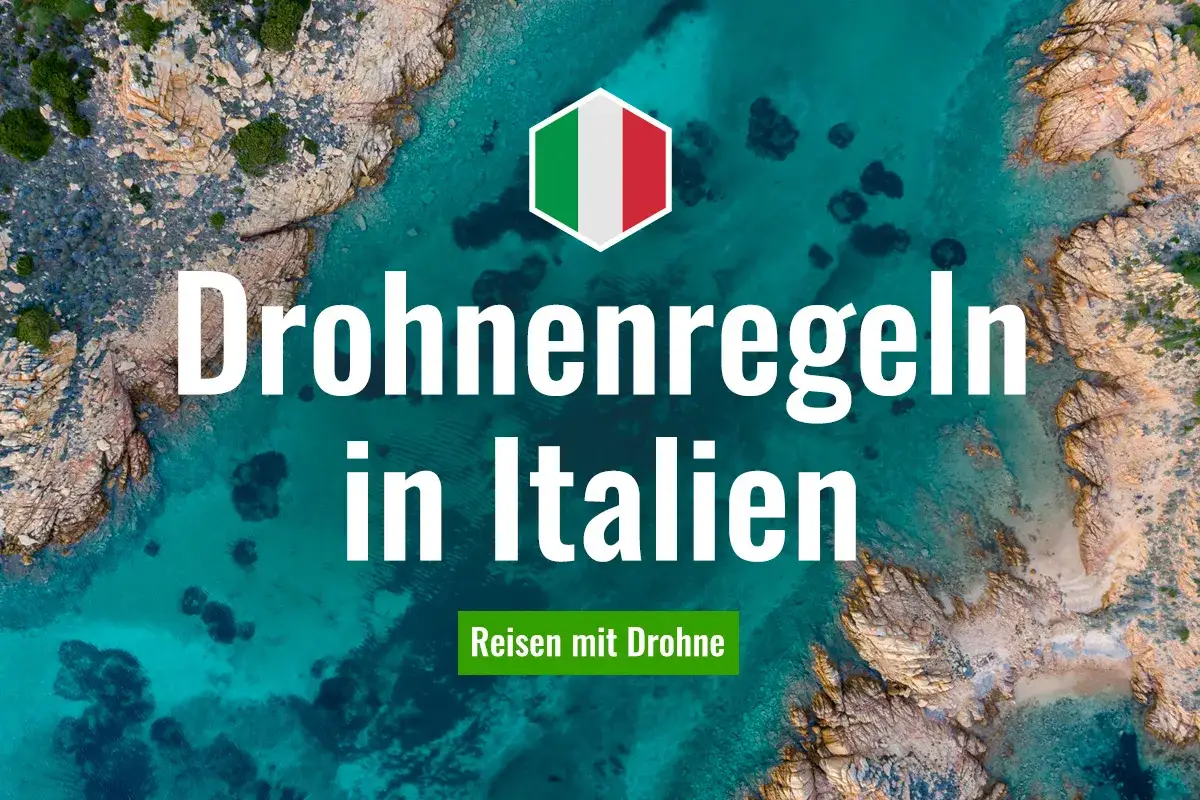 Drohnenregeln in Italien: Ein Hexagon mit italienischer Flagge über türkisfarbenem Meer und felsiger Küste. Reisen mit Drohne.