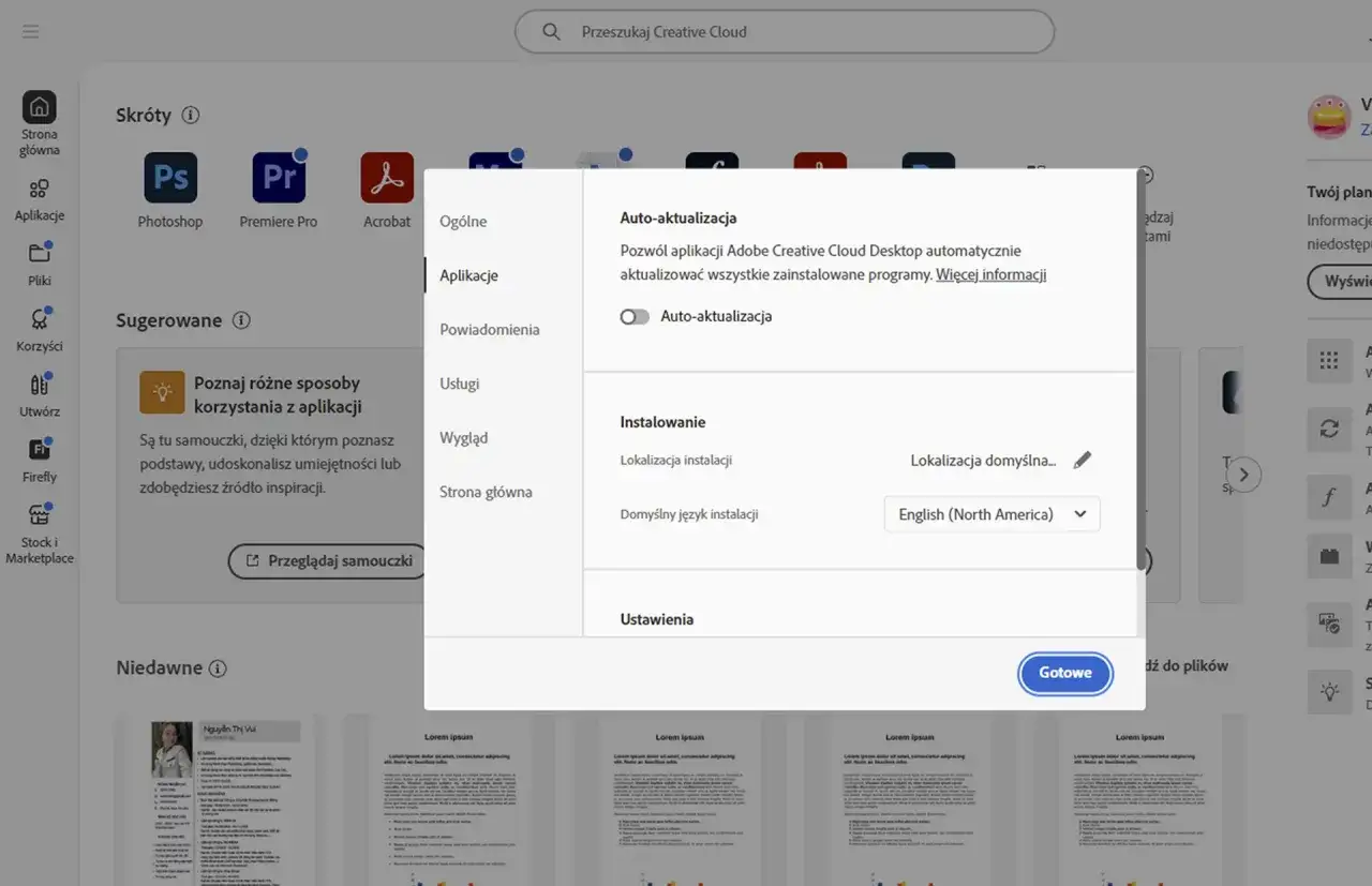 Adobe Creative Cloud preferencje język instalacji