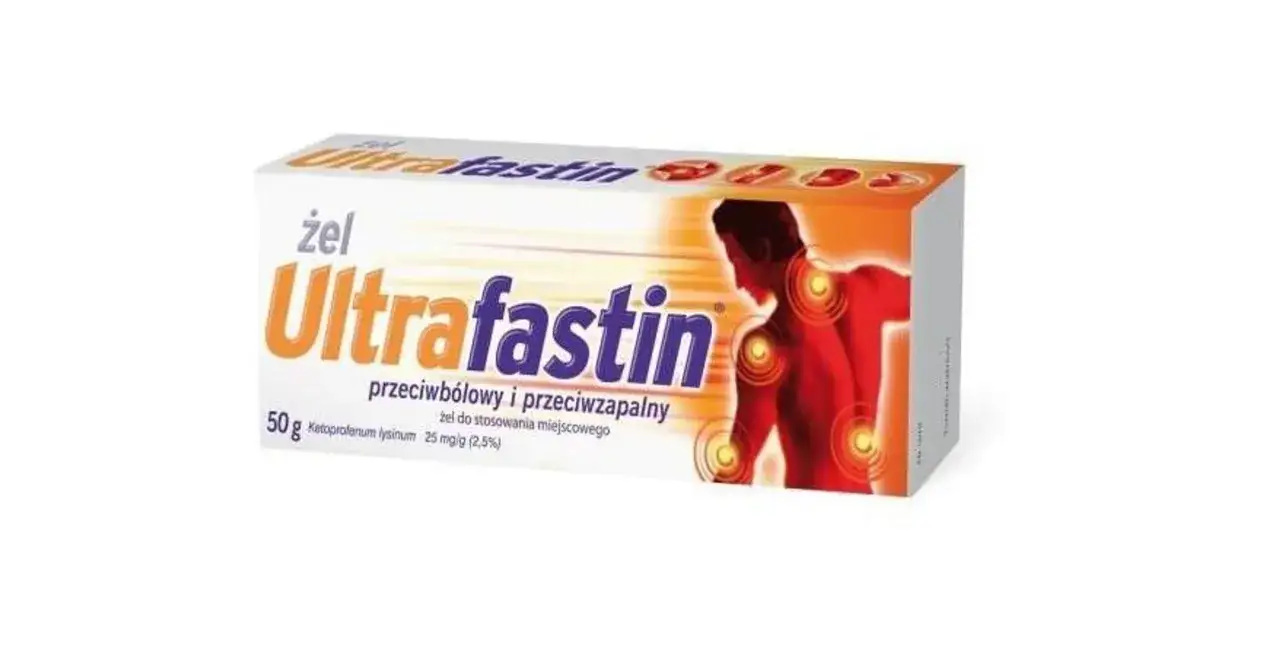 Żel Ultrafastin z ketoprofenem, przeciwbólowy i przeciwzapalny, idealny na ból mięśni i stawów. Opakowanie 50g.