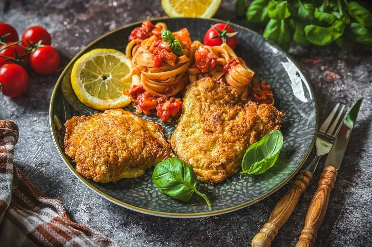Piccata Milanese mit Pasta und Zitrone. Goldbraun paniertes Schnitzel auf einem Teller mit Tomatenpasta, garniert mit Basilikum und Zitronenspalten.