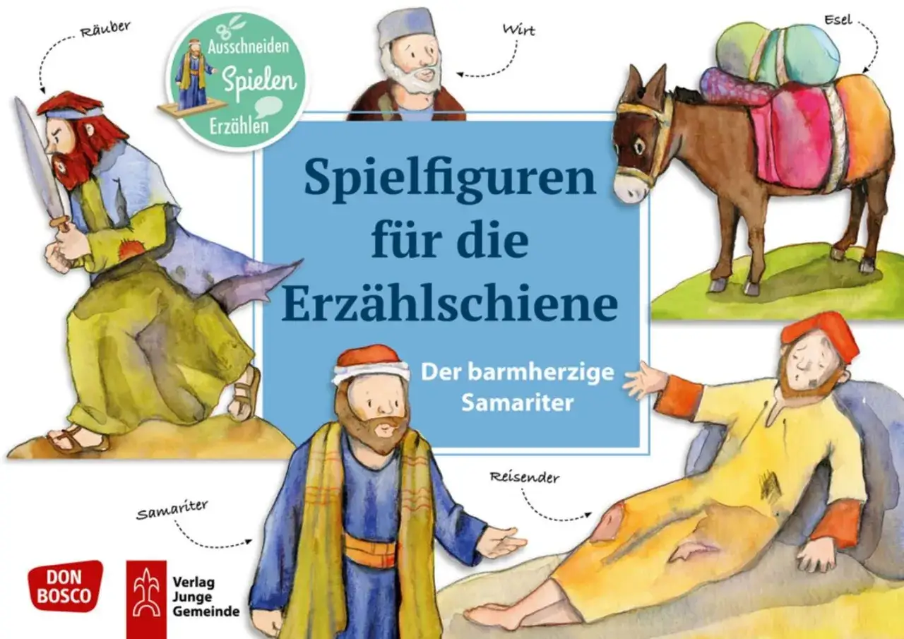 Illustrationen zum barmherzigen Samariter (Lukas 10,25-37): Räuber, Reisender, Samariter, Wirt und Esel. Ideal zum Ausschneiden, Spielen und Erzählen.