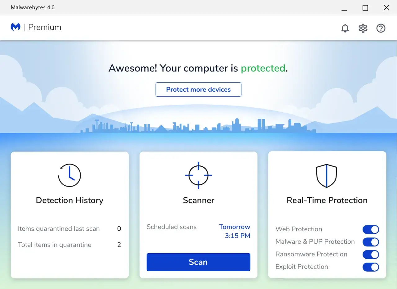Malwarebytes Premium chroni Twój komputer. Widok pokazuje historię wykrywania, skaner i ochronę w czasie rzeczywistym.