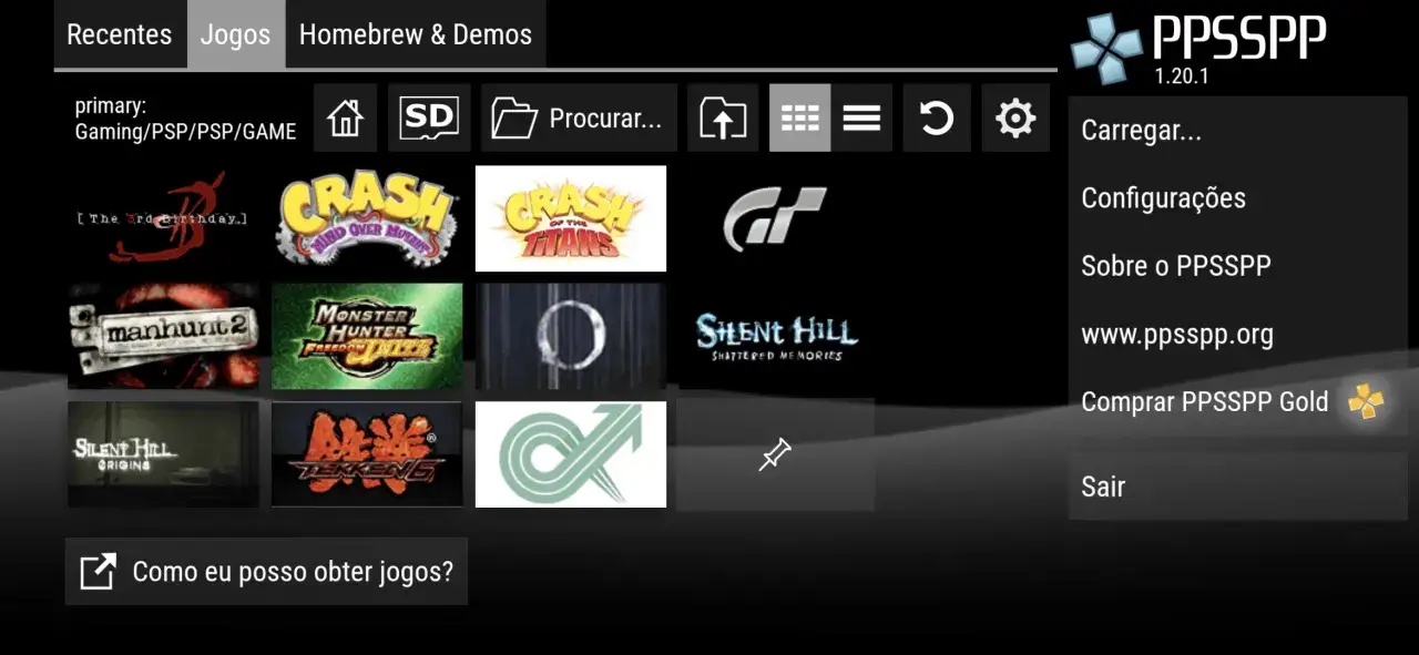 Menu emulatora PPSSPP z grami, w tym 