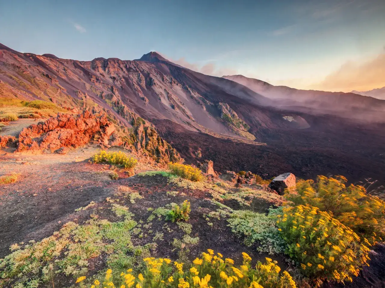 Sonnenaufgang am sizilianischen Vulkan. Rauch steigt auf, während gelbe Blumen die dunkle Lava bedecken.