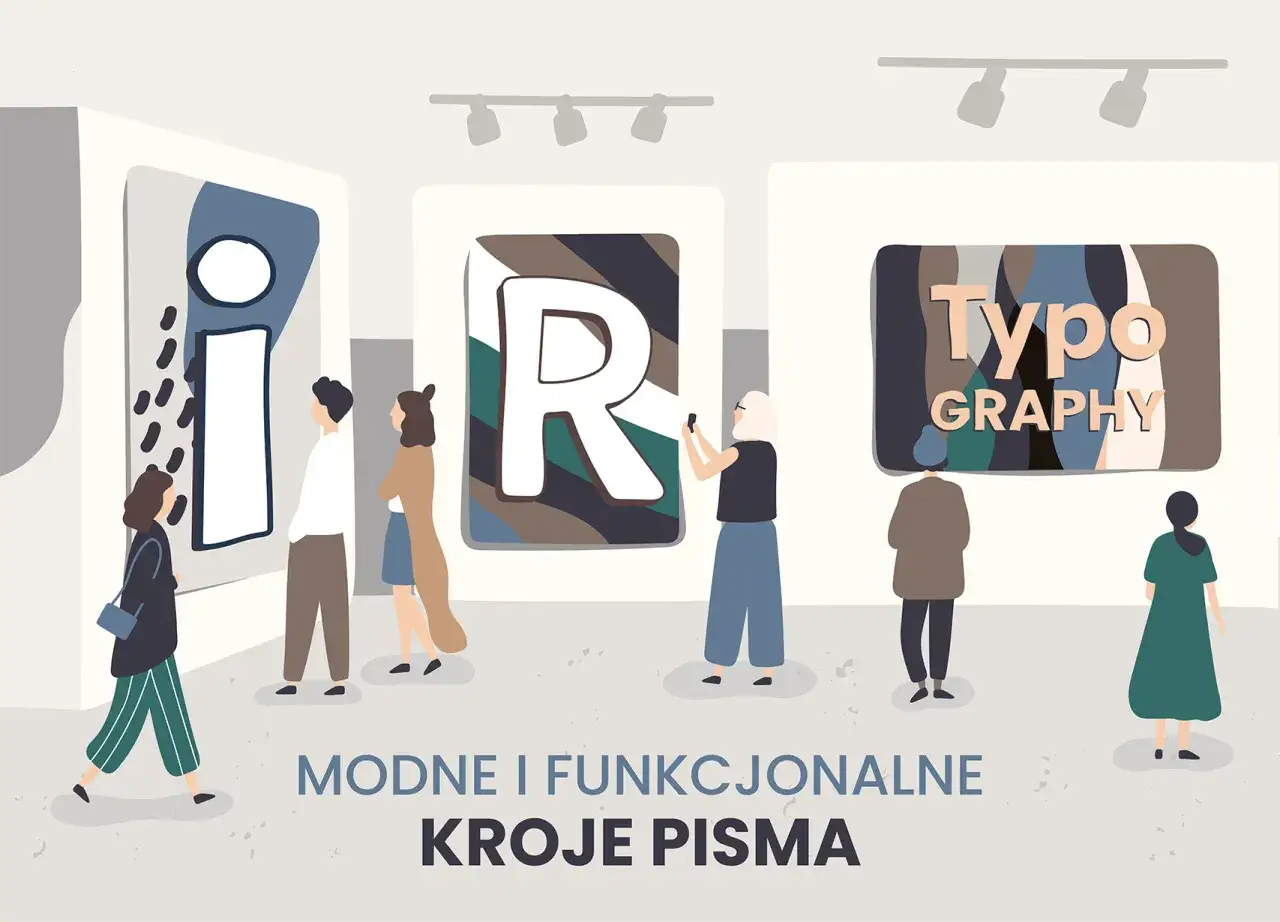 Wystawa typografii, gdzie litery przypominają styl **newspaper font**. Ludzie oglądają abstrakcyjne kompozycje z literami 
