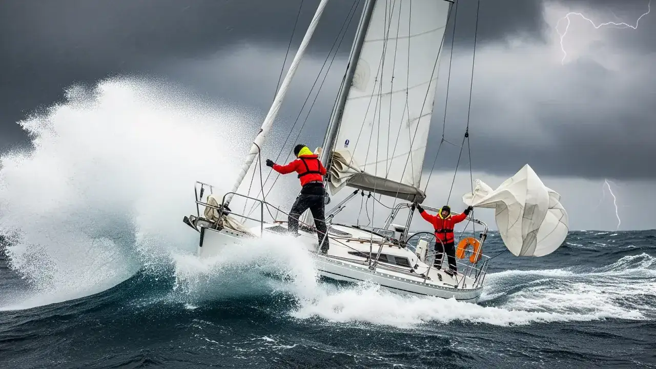 Ein Segelboot kämpft sich durch eine gewaltige Welle, während Blitze den stürmischen Himmel erhellen. Zwei Segler in roten Rettungswesten halten sich fest.