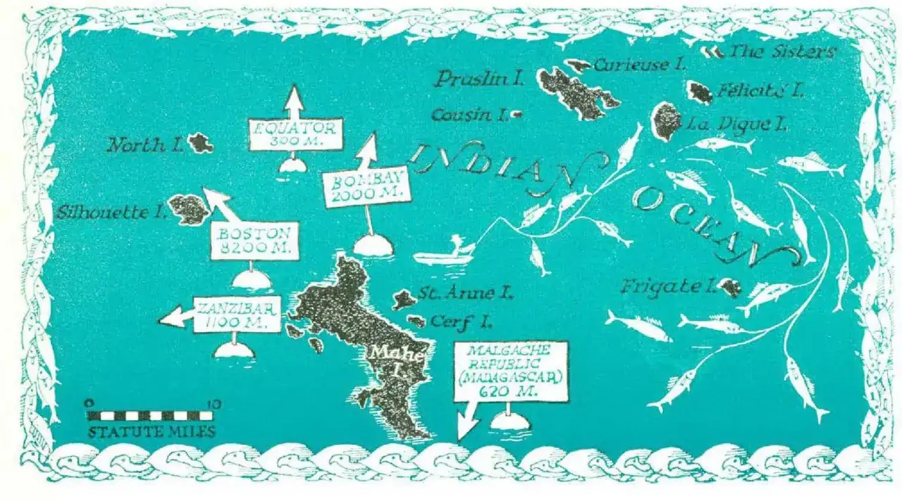 Mapa z trasą wycieczki na Seszele, pokazująca wyspy takie jak Mahé, Praslin, La Digue i inne na Oceanie Indyjskim.