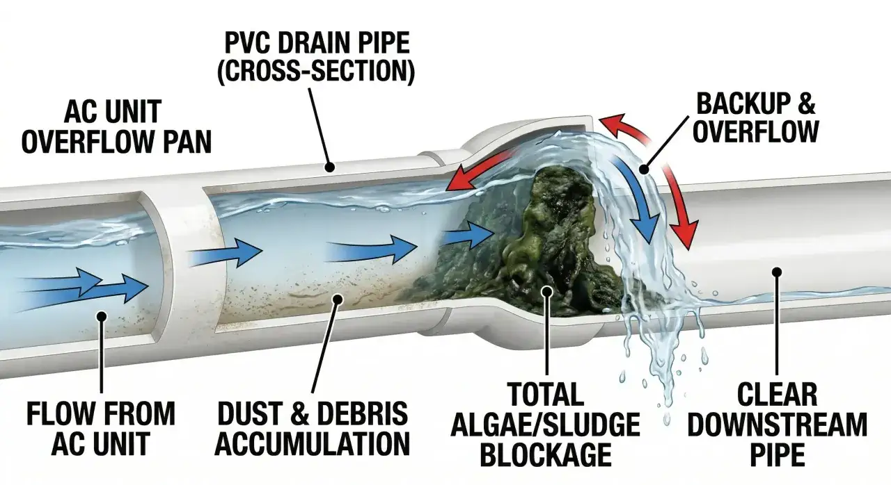 El **aire acondicionado** desagua **agua** con polvo. Una obstrucción de algas causa un **ruido** de desbordamiento.