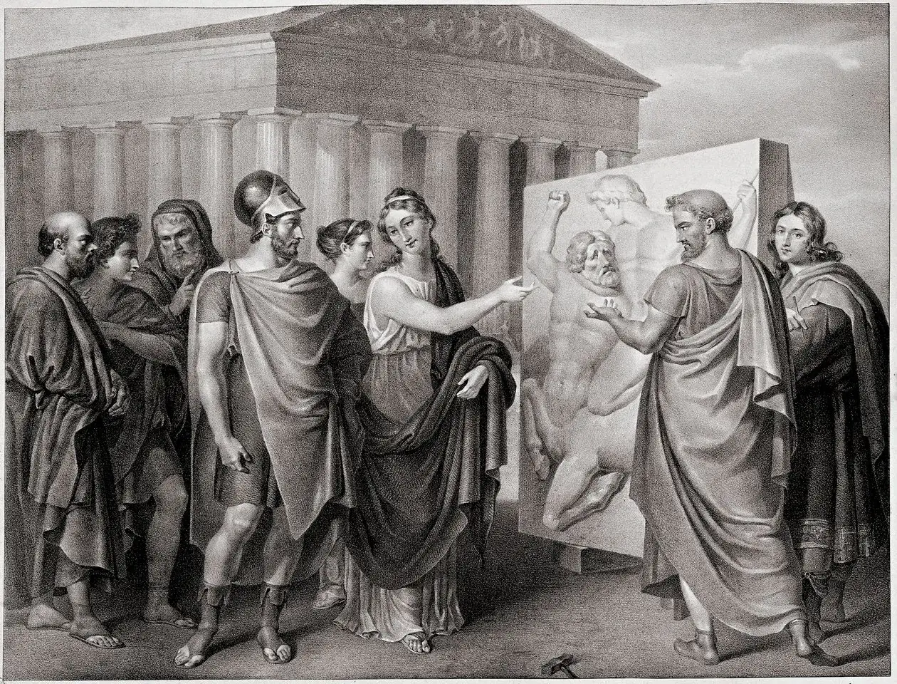 Antike Athen: Perikles und Bürger betrachten eine Skulptur, die die Stärke der perikles demokratie symbolisiert.