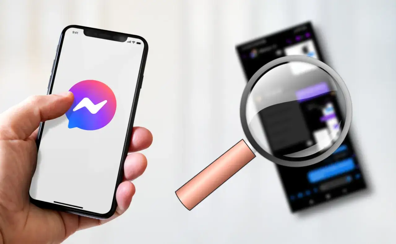 Szukasz informacji, jak włączyć Messengera w telefonie? Na ekranie smartfona widoczna jest ikona aplikacji, a lupa bada zawartość innego telefonu.