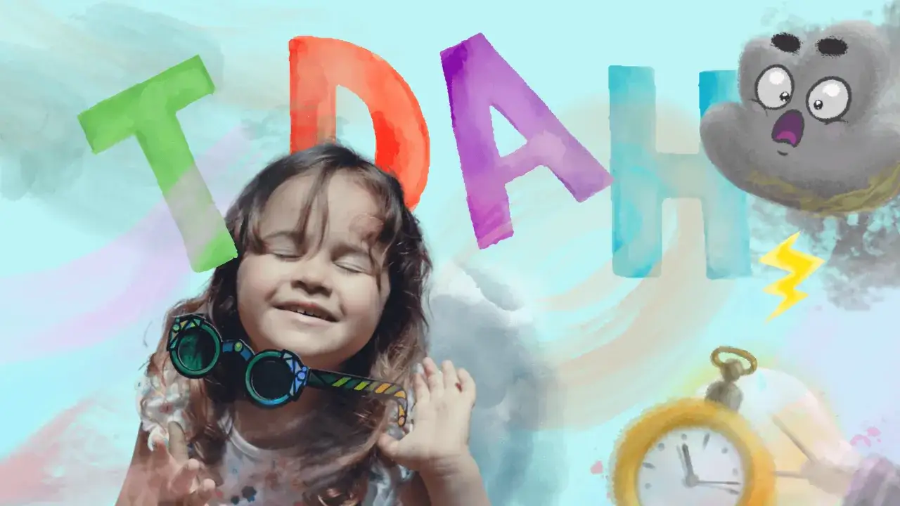 Ni&ntilde;a sonriente con gafas de juguete, rodeada de letras gigantes que forman 