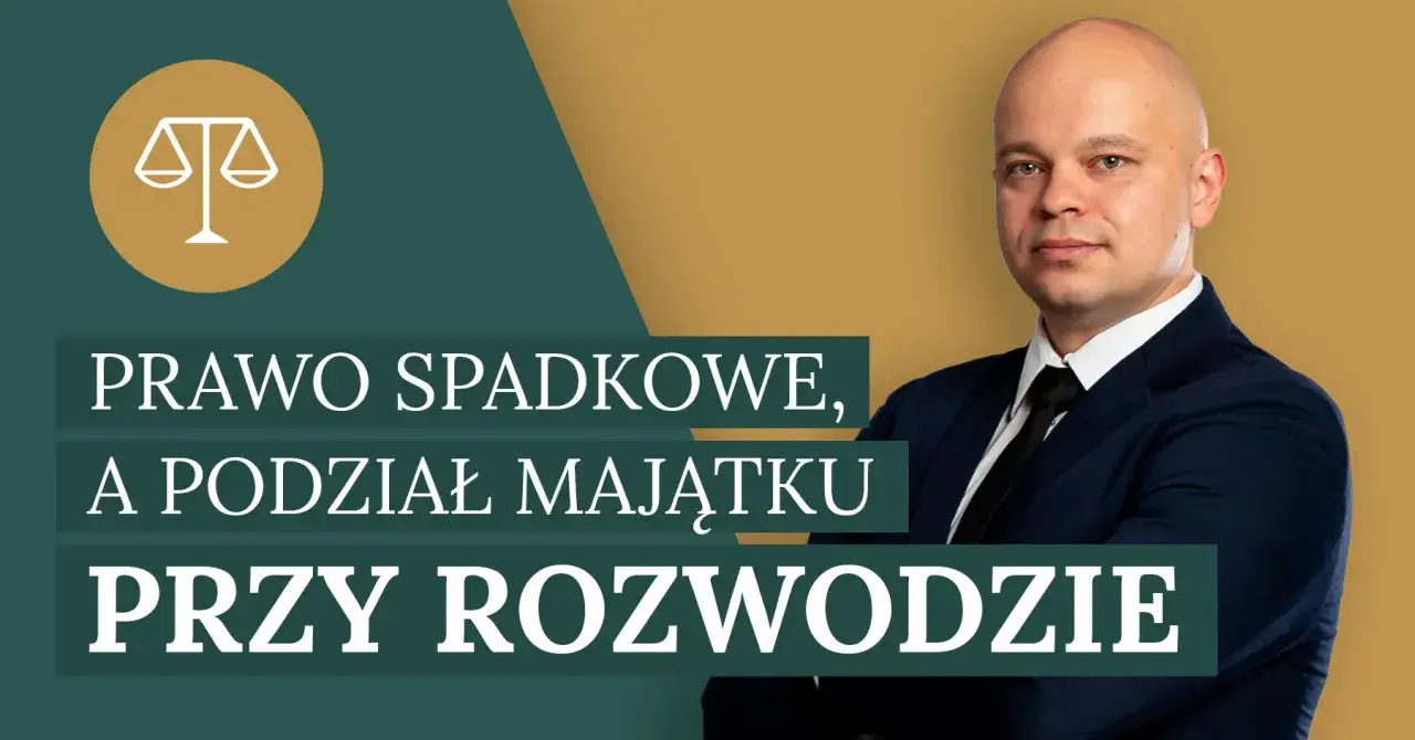 Prawnik w garniturze, symbol wagi sprawiedliwości i tekst: 