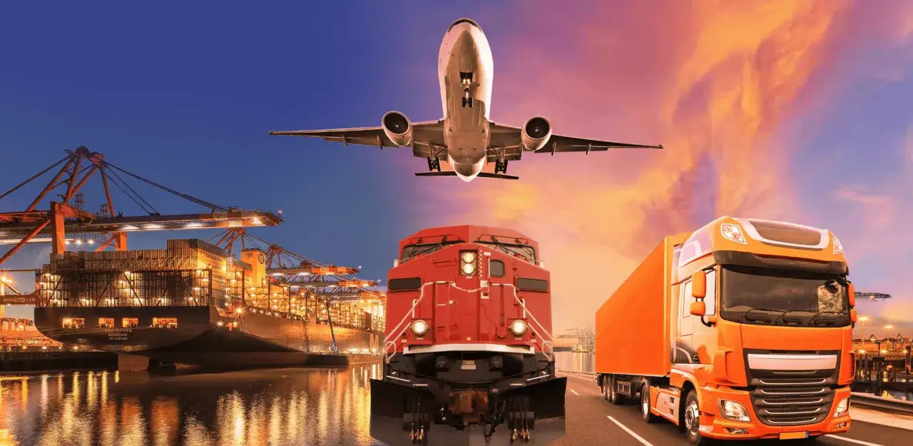Statki, pociągi, samoloty i ciężarówki symbolizują globalny transport intermodalny.
