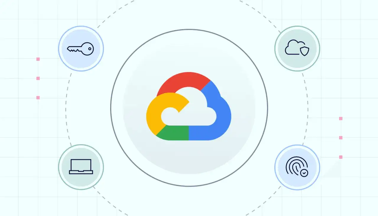 Grafika przedstawia logo Google Cloud otoczone ikonami: klucz, laptop, chmura z tarczą i odcisk palca. Symbolizuje bezpieczeństwo i dostępność usług, np. Google VPN.