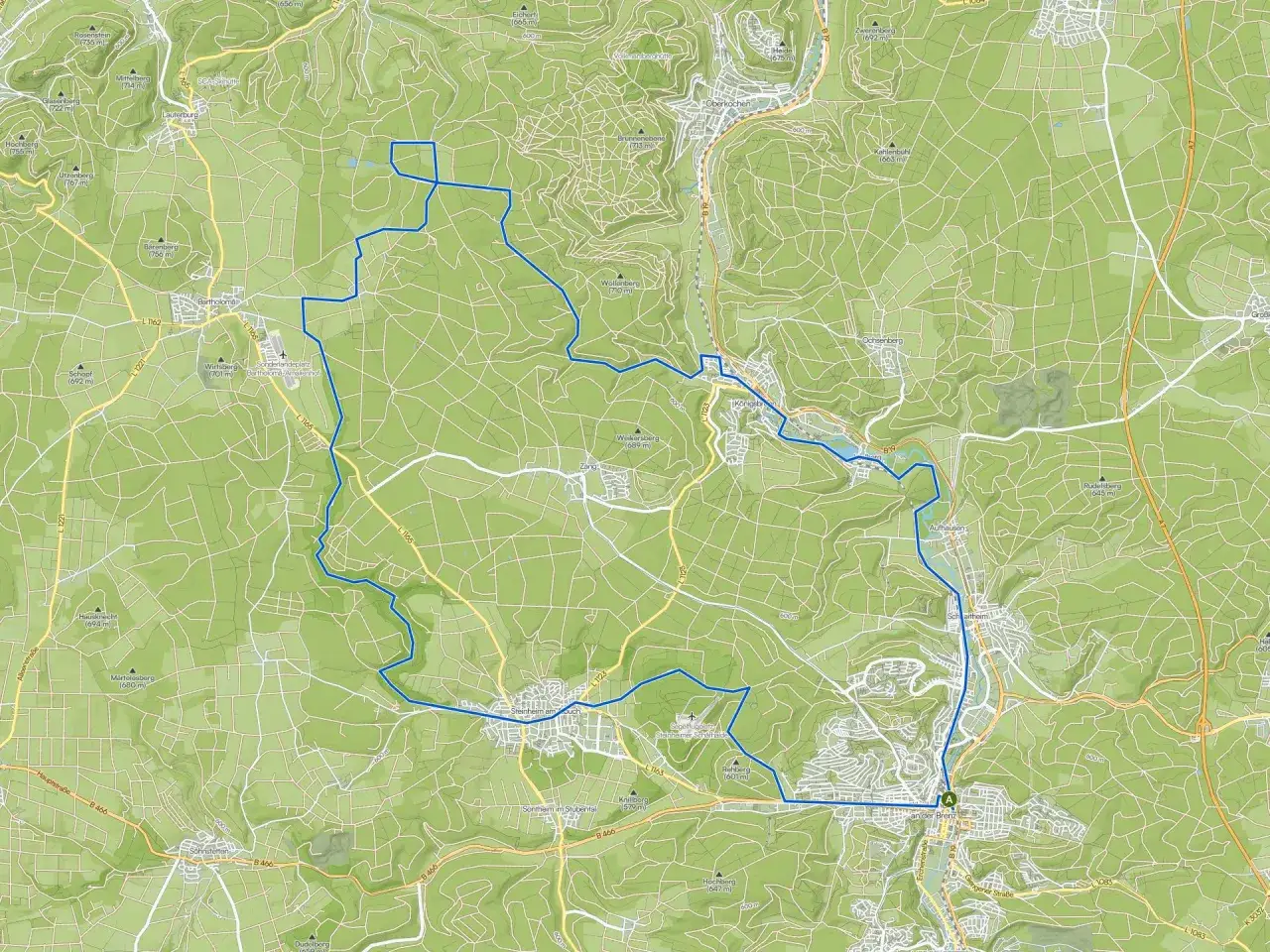 Karte zeigt eine blaue Route, die zum Wandern einlädt. Sie führt durch grüne Hügel und Täler, vorbei an Ortschaften wie Bartholomä und Steinheim am Buch.