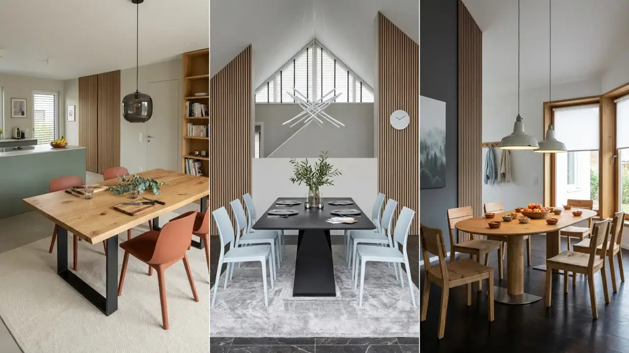 Moderne Esszimmer Wand Ideen: Holzelemente und minimalistische Designs schaffen Gemütlichkeit.