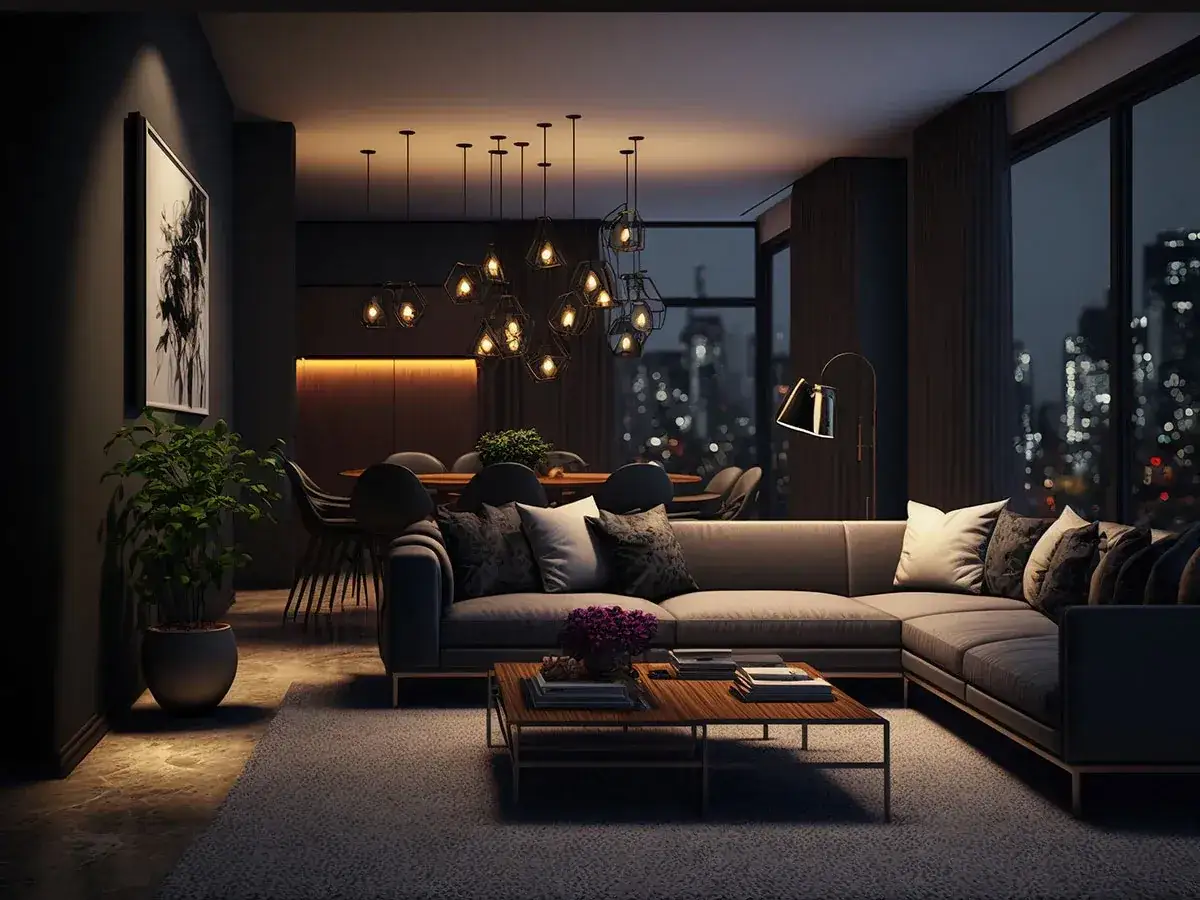 Nowoczesny salon z widokiem na nocne miasto, utrzymany w **gotyckim stylu**. Ciemne barwy, geometryczne lampy i eleganckie meble tworzą nastrojową atmosferę.