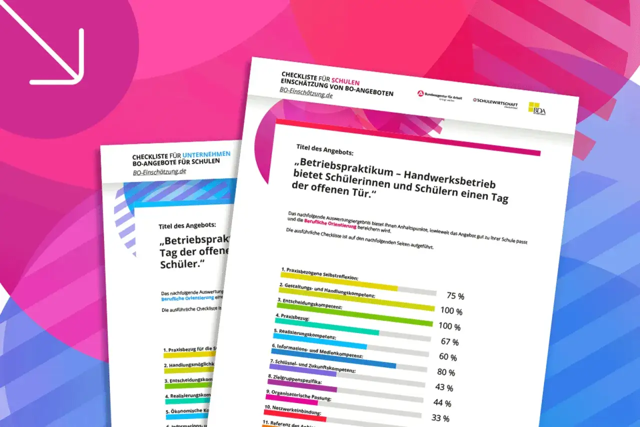 Checkliste zur Einsch&auml;tzung von BO-Angeboten f&uuml;r Schulen. Ein Betriebspraktikum k&ouml;nnte der beste Beruf sein, um Sch&uuml;lern einen Tag der offenen T&uuml;r zu bieten.