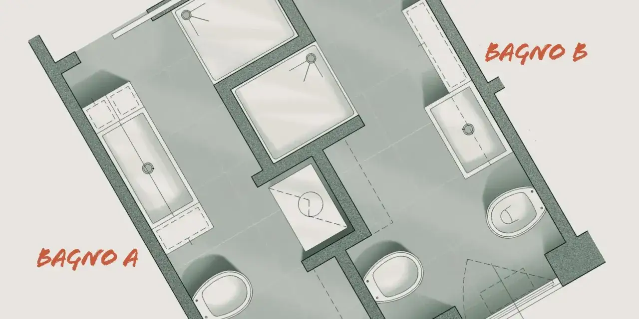 Progetto per ricavare due bagni adiacenti: Bagno A con vasca e lavabo, Bagno B con vasca, doccia e WC.