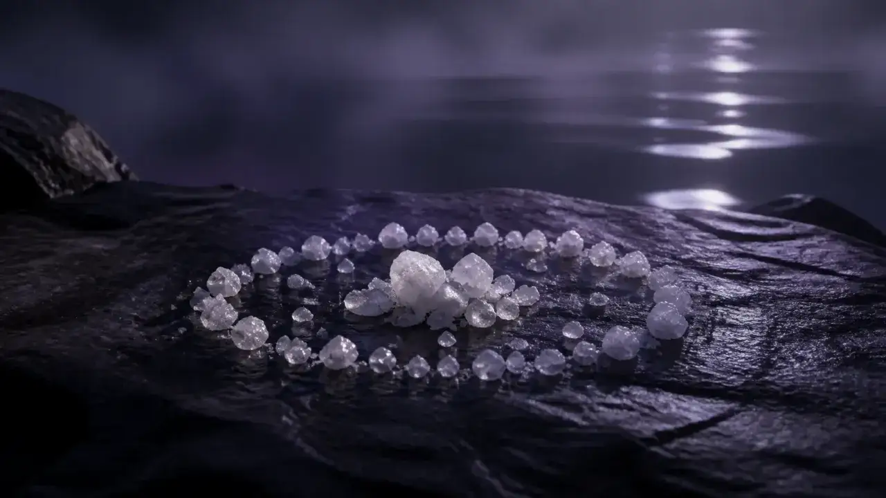 Cristales de sal forman un círculo místico sobre roca oscura, reflejando la luz lunar. Un paisaje onírico donde parece que puedes soñar con sal.