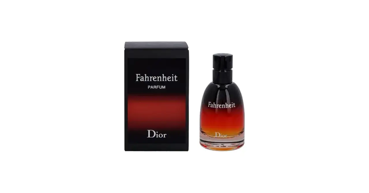 Dior Fahrenheit Parfum w eleganckim flakonie i pudełku, z gradientem od czerni do czerwieni.