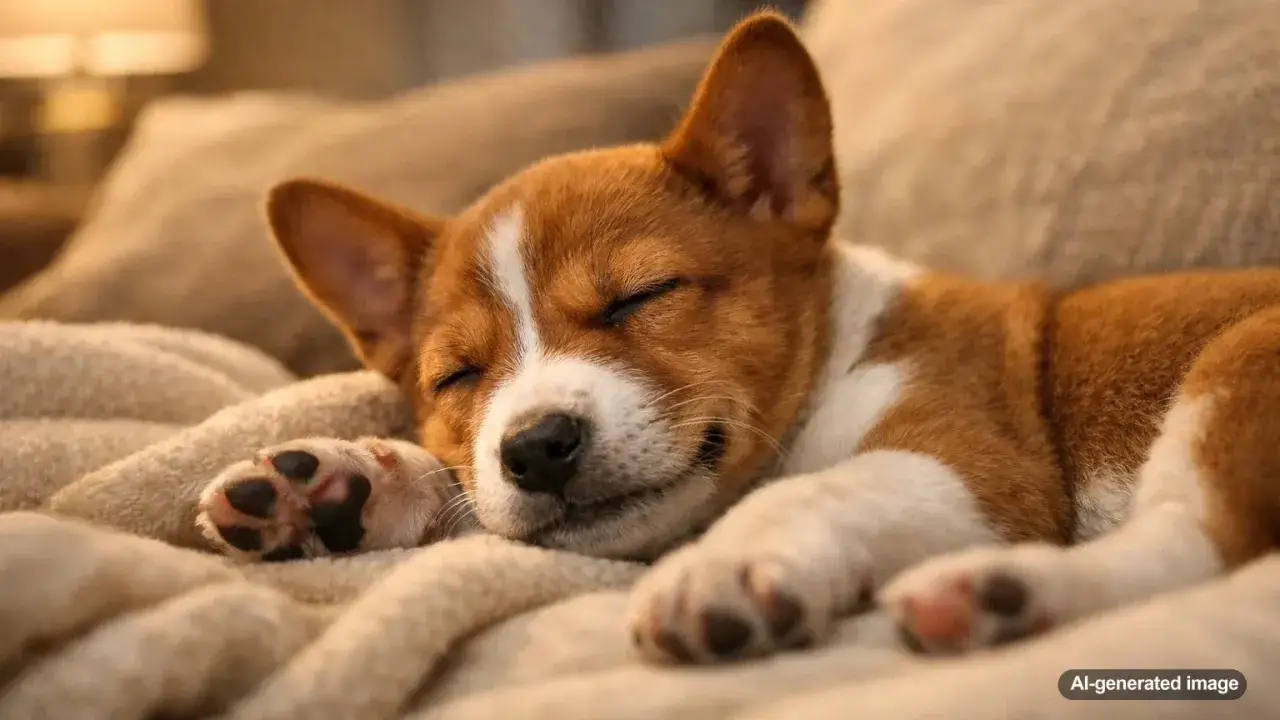 A cute puppy sleeps soundly, paws twitching. Do dogs have nightmares? This little one seems to be dreaming of chasing squirrels.