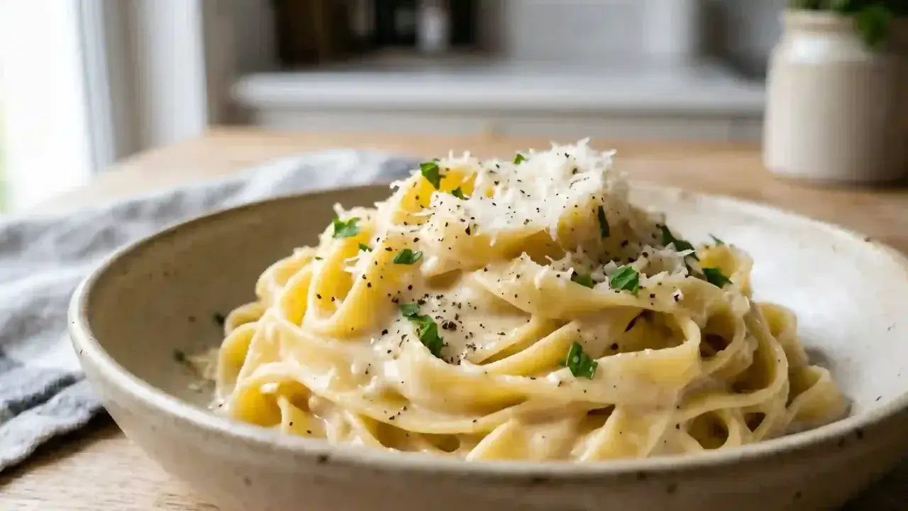 Un plat de tagliatelles crémeuses, saupoudré de parmesan et de persil frais. Une recette simple et délicieuse pour un dîner parfait.