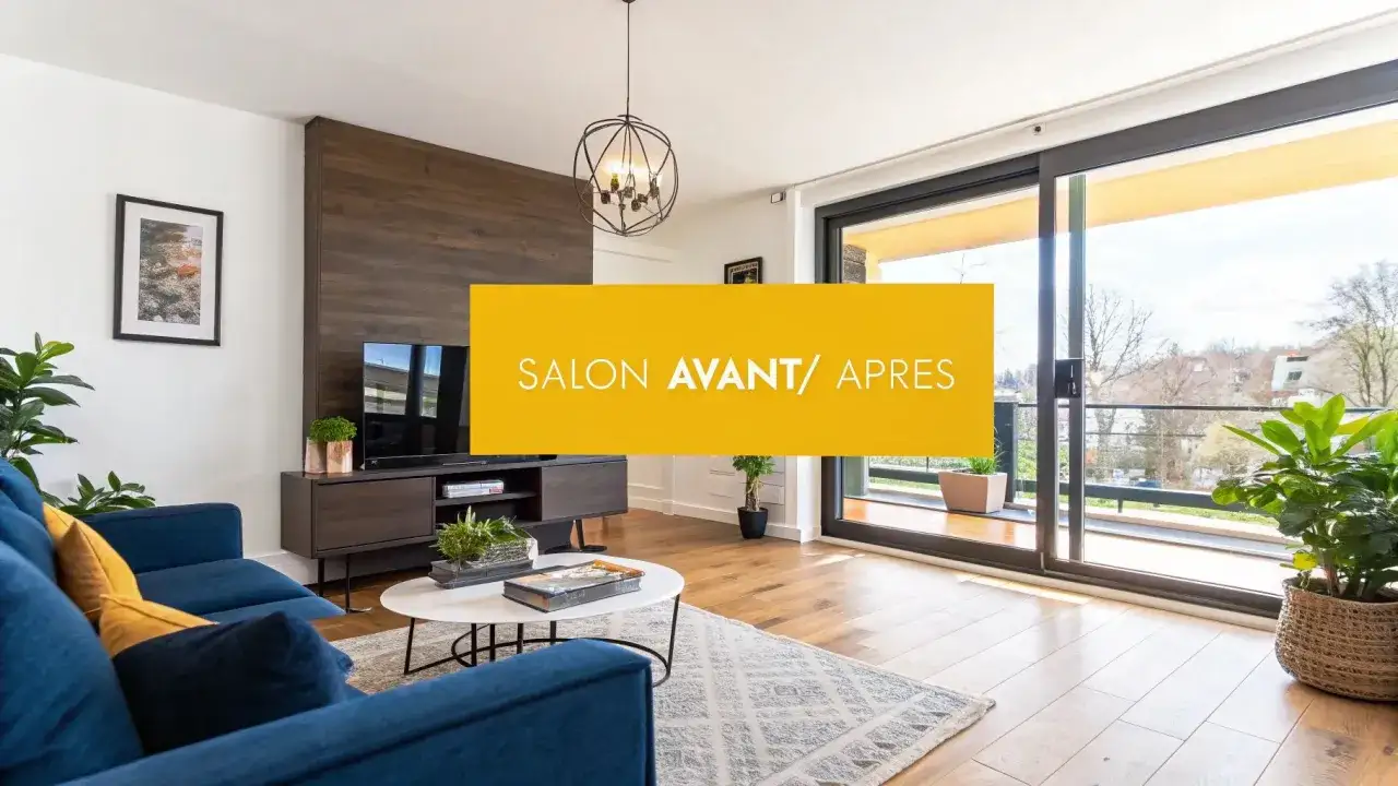 Salon moderne avec canapé bleu, table basse et mur en bois. Une excellente idée home staging pour un avant/après réussi.