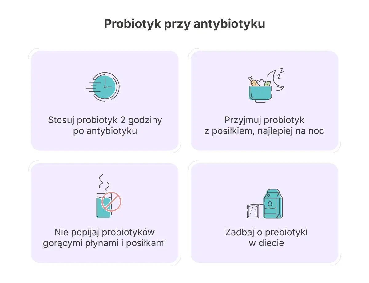 Probiotyk przy antybiotyku: stosuj 2h po, z posiłkiem na noc, nie z gorącym, zadbaj o prebiotyki.