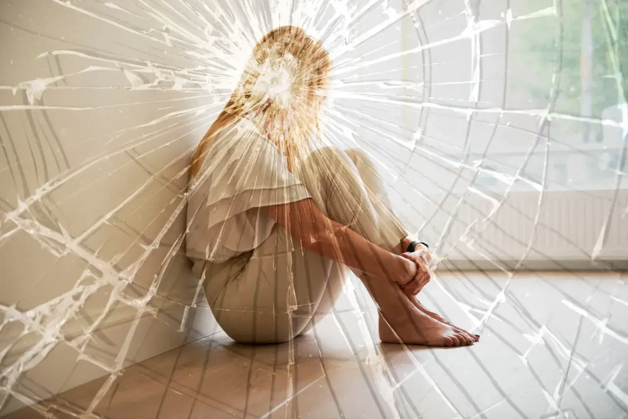 Een vrouw zit ineengedoken op de grond, haar hoofd gebogen. De gebroken ruiten suggereren een mentale crisis, mogelijk een vrijwillige opname wegens burn-out.