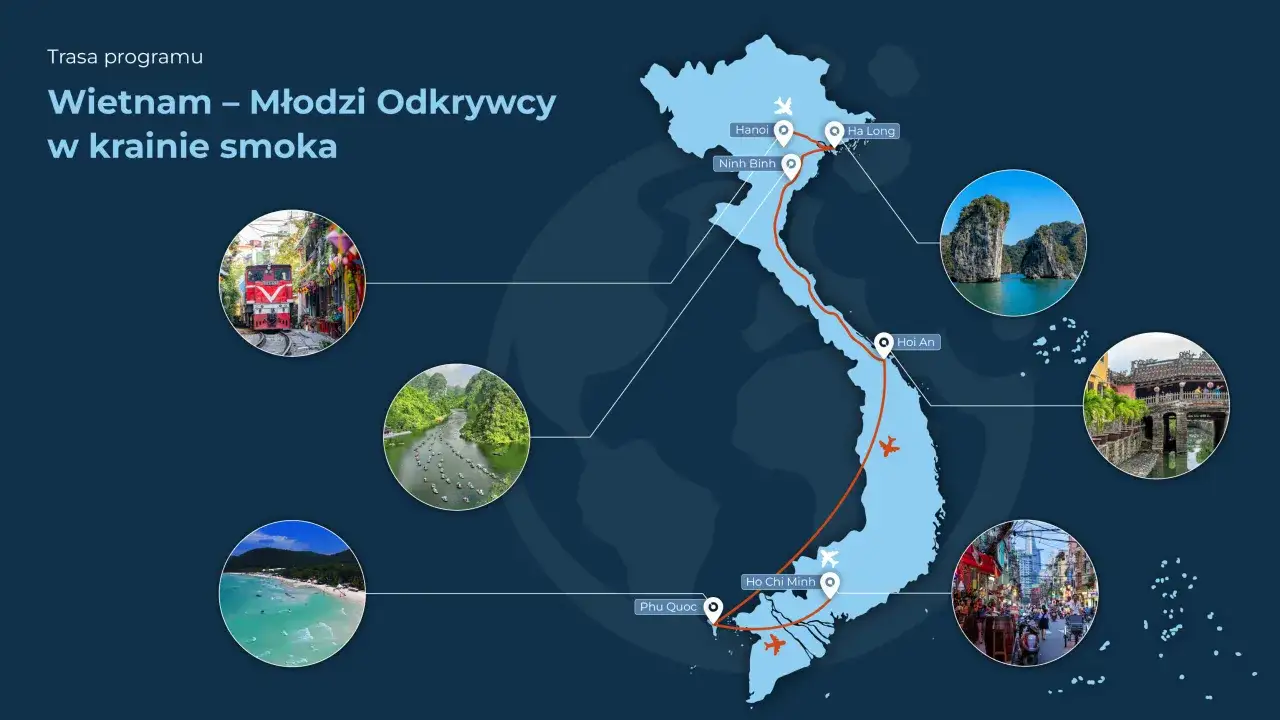Trasa podr&oacute;ży po Wietnamie: od Hanoi po Phu Quoc, przez Ninh Binh, Ha Long, Hoi An i Ho Chi Minh. Wietnam pora deszczowa oferuje bujną zieleń i unikalne krajobrazy.