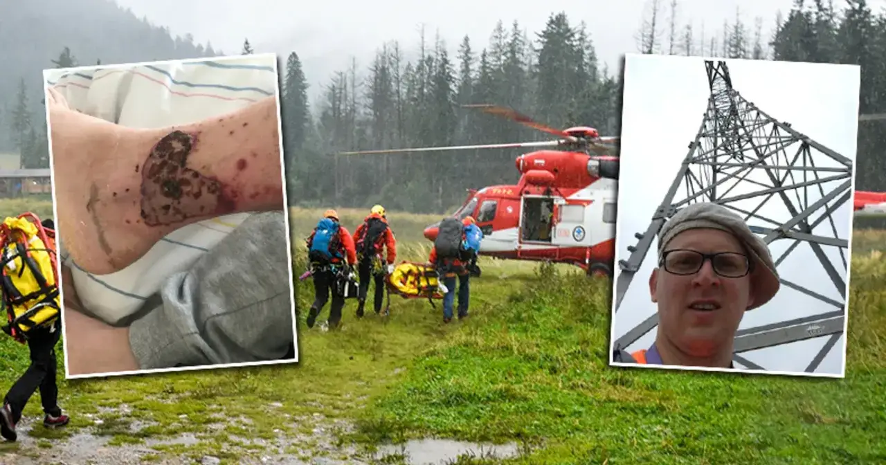 Ratownicy GOPR niosą nosze z rannym. W tle śmigłowiec i las. Na pierwszym planie widok nogi z ranami, a obok zdjęcie mężczyzny przy konstrukcji. To może być syndrom trzeciego człowieka.