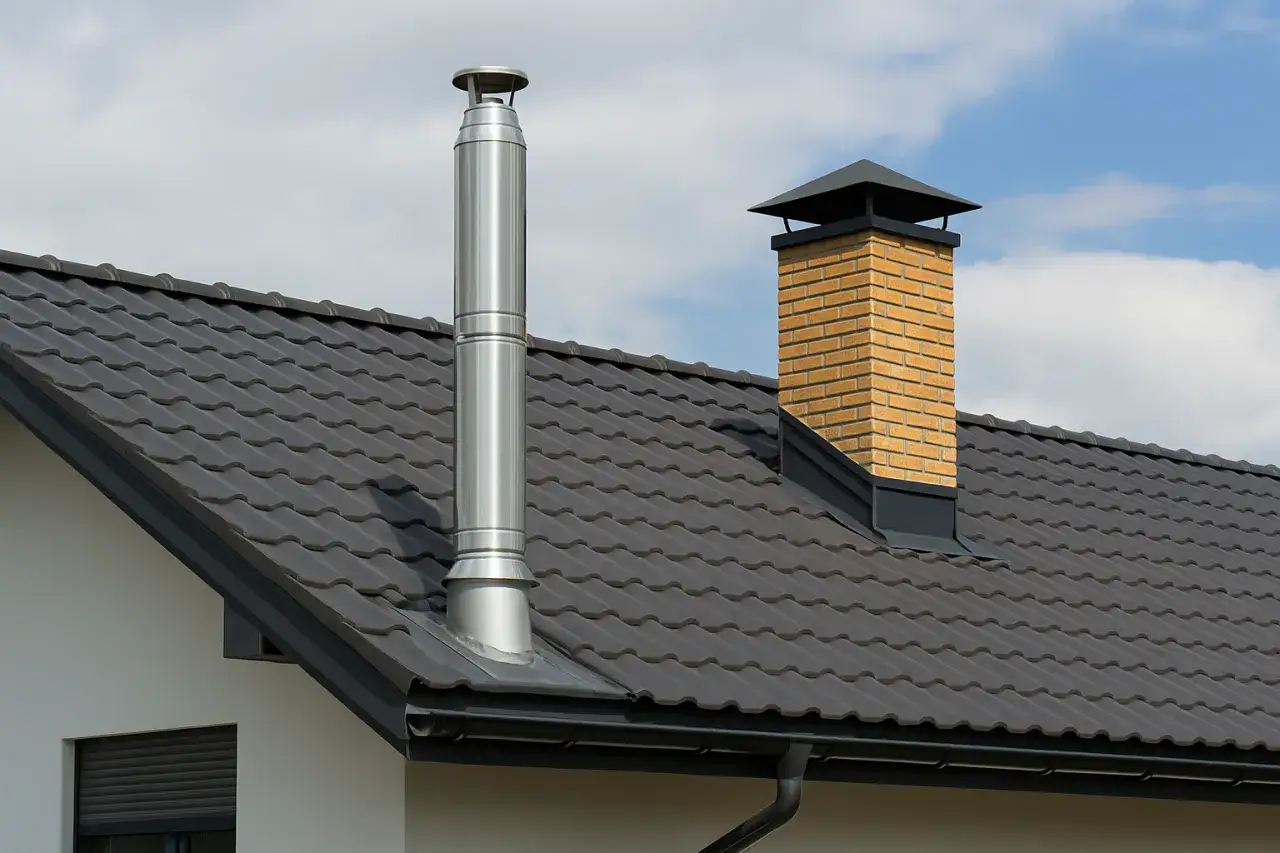 Nowoczesny montaż komina systemowego na zewnątrz domu. Obok tradycyjny komin z cegły.
