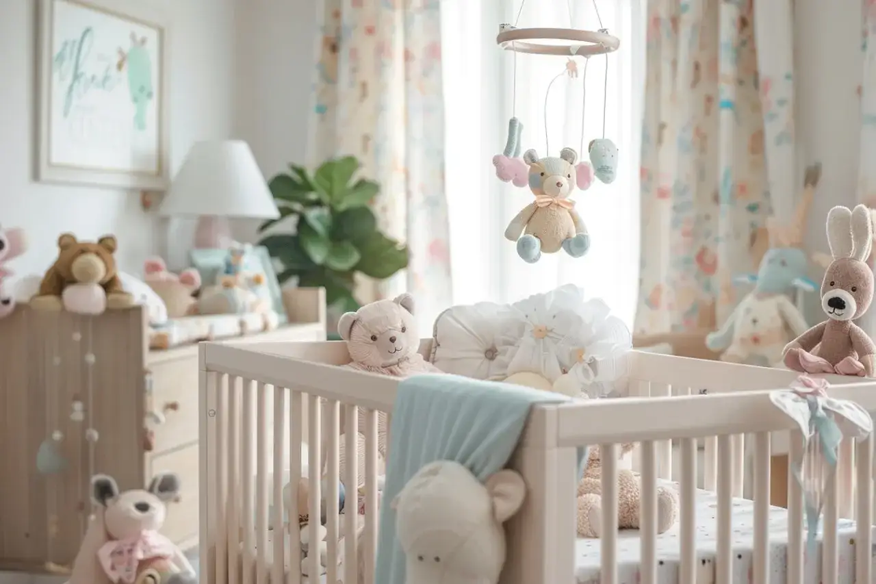 Un lit pour b&eacute;b&eacute; rempli de peluches, avec un mobile ours au-dessus. Un lapin et d'autres jouets d&eacute;corent la chambre.