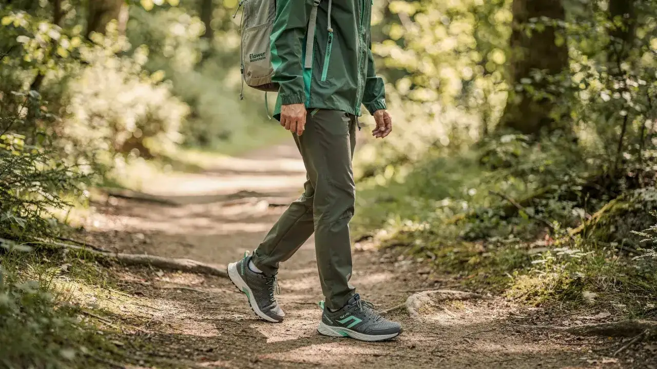 Persona con zaino e abbigliamento tecnico cammina su un sentiero nel bosco, godendosi un'esperienza di hiking in italiano.