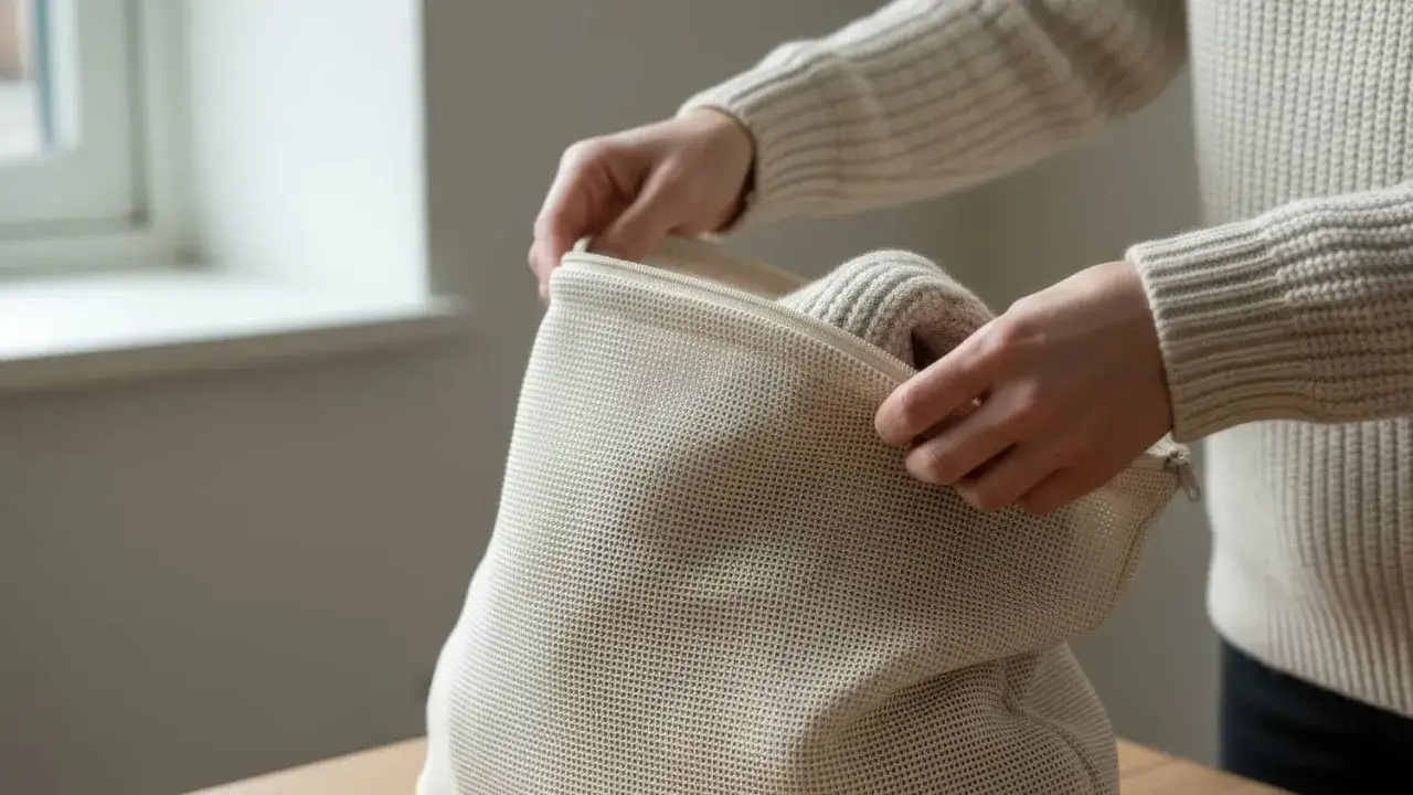 Händerna drar igen dragkedjan på en tvättpåse med en stickad tröja inuti. För att undvika att ullen krymper i tvätten är det viktigt att använda en tvättpåse.