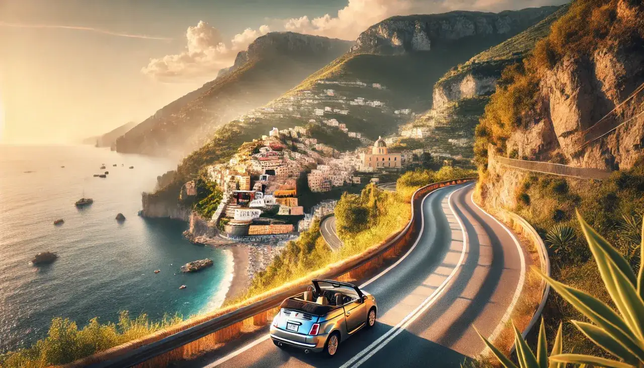 En cabriolet k&ouml;r l&auml;ngs en slingrande kustv&auml;g med en pittoresk italiensk by i bakgrunden. Dr&ouml;mmen om en bilsemester i Europa blir verklighet.