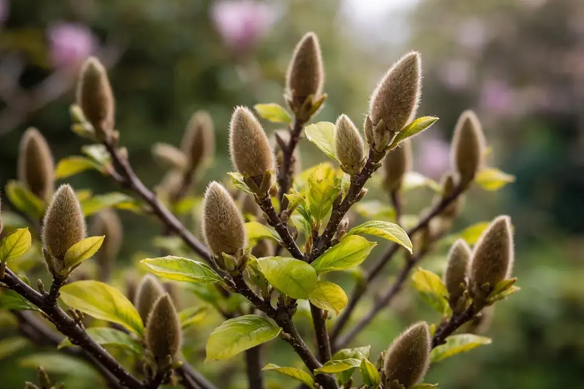 Puszyste pąki magnolii, które nie lubi zimna, czekają na wiosnę.
